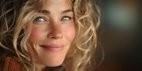 Close-up portrait of blonde woman with curly hair smiling gently while looking up, wearing orange sweater against blurred background.