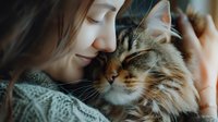 Young Asian woman in cozy sweater sharing tender moment with fluffy Maine Coon cat, close-up portrait showing emotional bond between pet owner and feline companion.