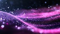 Magical pink and purple glowing particles flow in waves against dark background creating dreamy cosmic atmosphere with bokeh light effects and sparkles.
