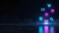 Digital e-commerce neon icons floating above reflective surface with glowing blue and purple lights for online shopping and business technology concepts.