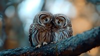 Pair of affectionate barred owls perched close together on tree branch at dusk, sharing intimate moment with heads touching in romantic pose.