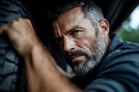 Intense close-up portrait of mature Caucasian man with gray beard and determined expression wearing dark clothing, dramatic side lighting creates moody atmosphere.