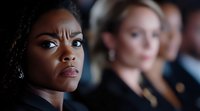 Close up portrait of confident African American businesswoman with serious expression at corporate meeting, with colleagues in background.