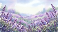 Watercolor lavender field landscape with purple flowers in foreground and rolling hills. Soft pastel botanical illustration for relaxation and aromatherapy themes.