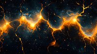 Glowing orange neural network connections illuminate dark cosmic space with electric energy pathways and bright synaptic nodes against starry background.