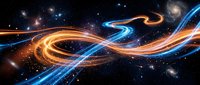 Abstract cosmic energy streams flowing through deep space with glowing orange and blue light trails against starfield background for digital art projects.