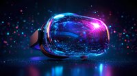 Futuristic virtual reality headset glowing with neon blue and pink lights against dark background with bokeh effects and reflective surface. For gaming and tech.