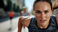 Close up portrait of young Caucasian athletic woman with freckles during morning jog in city, wearing grey sportswear. Healthy lifestyle and fitness concept.