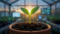 Young green plant seedling growing in terracotta pot with digital network connections overlay in modern greenhouse environment for sustainable agriculture technology.