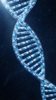 Glowing blue DNA double helix structure with luminous genetic code strands against dark starry background for biotechnology and medical research applications.