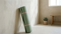 Rolled green yoga mat leaning against white wall in minimalist interior with natural light, small potted plant and wooden bench nearby for fitness and wellness design use.