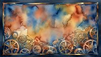 Steampunk watercolor background with copper gears and cogs on textured paper, featuring warm orange and cool blue tones for industrial design projects.