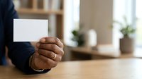 Adult male with dark skin tone holding blank white business card in professional office setting with wooden desk and blurred background plants.