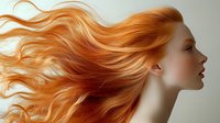 Young woman with flowing vibrant orange red hair in motion against neutral background. Hair care beauty salon concept for advertising campaigns.