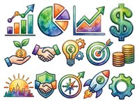 Colorful business and finance icons set featuring growth charts, pie charts, dollar signs, handshakes, lightbulbs, targets, and gears. Isolated clipart for web design, presentations, and marketing materials.