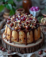 Bundt cake topped with chocolate ganache, hazelnuts, cranberries and caramel drizzle on rustic wooden serving board. Festive holiday dessert with rich decorative toppings.