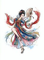 Asian woman in traditional flowing silk robes with fan, dancing gracefully with watercolor splashes. Isolated on white background, ready for design, apparel, and creative projects.