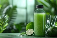 Fresh green smoothie in glass bottle with lime and leafy vegetables on wooden surface surrounded by tropical plants for healthy lifestyle and detox.