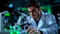 Young male scientist in white lab coat examining specimen through microscope in modern research laboratory with dramatic green lighting and bokeh effects in background.