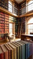Elegant two-story home library with floor-to-ceiling bookshelves, wooden ladder, comfortable reading chair and natural light from arched windows.