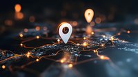 Glowing location pin markers on digital world map with connected network points and orange light effects against dark background. For business and technology concepts.