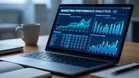 Laptop displaying marketing performance analytics dashboard with blue data visualizations, charts and graphs on screen, positioned on wooden desk with coffee cup and notebook for business analysis and reporting.