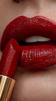Close-up of glossy red lipstick application on full lips, showing luxurious texture and rich color for beauty and cosmetic advertising.