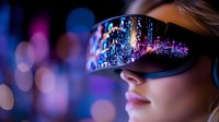 Young woman wearing futuristic VR headset with colorful digital display reflection against blurred neon lights background, representing modern technology and virtual reality.