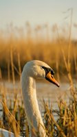 Elegant white swan portrait in golden marsh reeds during warm sunset light creating peaceful wetland wildlife scene for nature photography projects.