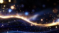 Magical glowing wave with sparkling particles and bokeh lights on dark blue background creates dreamy cosmic atmosphere. Perfect for festive designs.