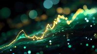 Glowing green financial chart line showing upward market trend against dark background with bokeh lights and digital particles effect.