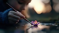 Young Asian woman artist painting delicate pink water lily flower on reflective surface in soft evening light with fine brush, creating miniature artwork.