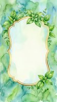 Watercolor botanical frame with green foliage and gold border on soft aqua background. Isolated design element ready for invitations, greeting cards, posters, and digital projects.