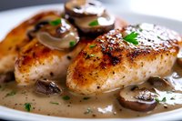 Pan-seared chicken breast in creamy mushroom sauce garnished with fresh herbs and black pepper, served on white plate with sauteed button mushrooms.