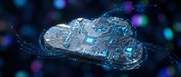 Digital cloud computing infrastructure with circuit board patterns and glowing blue network connections, representing data storage, cybersecurity, and technology solutions for business applications.