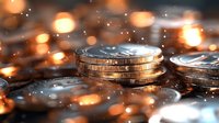 Stack of golden coins with warm bokeh lights and sparkling effects creating magical atmosphere for financial success and wealth concepts.