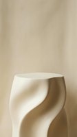 Minimalist cream ceramic pedestal with organic wavy texture on beige fabric background, used as product display podium for cosmetics and luxury goods.