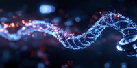Glowing DNA helix structure with blue particles and orange light effects on dark background, representing genetic research and biotechnology advancement.