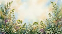 Watercolor botanical frame with wildflowers and herbs on soft pastel background for spring design projects and natural decorations.