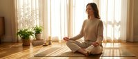 Young woman practicing meditation in lotus position on yoga mat in bright sunlit living room with plants creating peaceful morning wellness atmosphere.