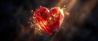 Red crystal heart with golden sparks and light effects on dark background for romantic designs and Valentine's Day projects.