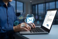 Professional businessman using laptop with digital communication icons floating above keyboard in modern office environment for business technology concepts.