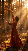 Young woman in red dress dancing joyfully among falling autumn leaves in golden sunlit forest, celebrating seasonal change and freedom of movement.