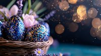 Decorated Easter eggs with blue glitter and gold sparkles in wicker basket with spring flowers against dark background with magical bokeh lights.