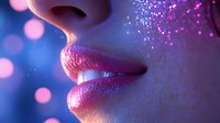 Close up view of glossy pink lips with sparkles and glitter against blurred purple and blue bokeh background, creating magical glamour makeup effect.