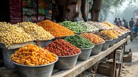 Colorful dried fruits, nuts and legumes displayed in metal bowls at traditional market stall, vibrant spices and snacks arranged in rows for retail sale.
