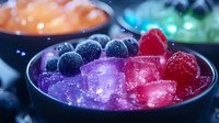 Colorful molecular gastronomy spheres and cubes in black bowls with dramatic lighting. Modern cuisine appetizers featuring purple, red and blue caviar pearls.