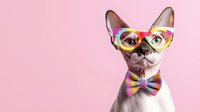 Stylish French Bulldog wearing colorful glasses and bow tie on pink background. Trendy pet portrait for fashion and lifestyle designs.