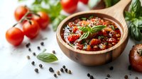 Fresh homemade tomato sauce with basil and herbs in wooden bowl, surrounded by cherry tomatoes and mushrooms for cooking and culinary preparation.