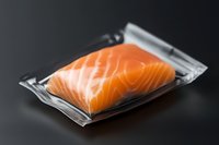 Fresh raw salmon fillet in vacuum sealed plastic package on dark background, showing natural texture and vibrant orange color of premium fish cut.